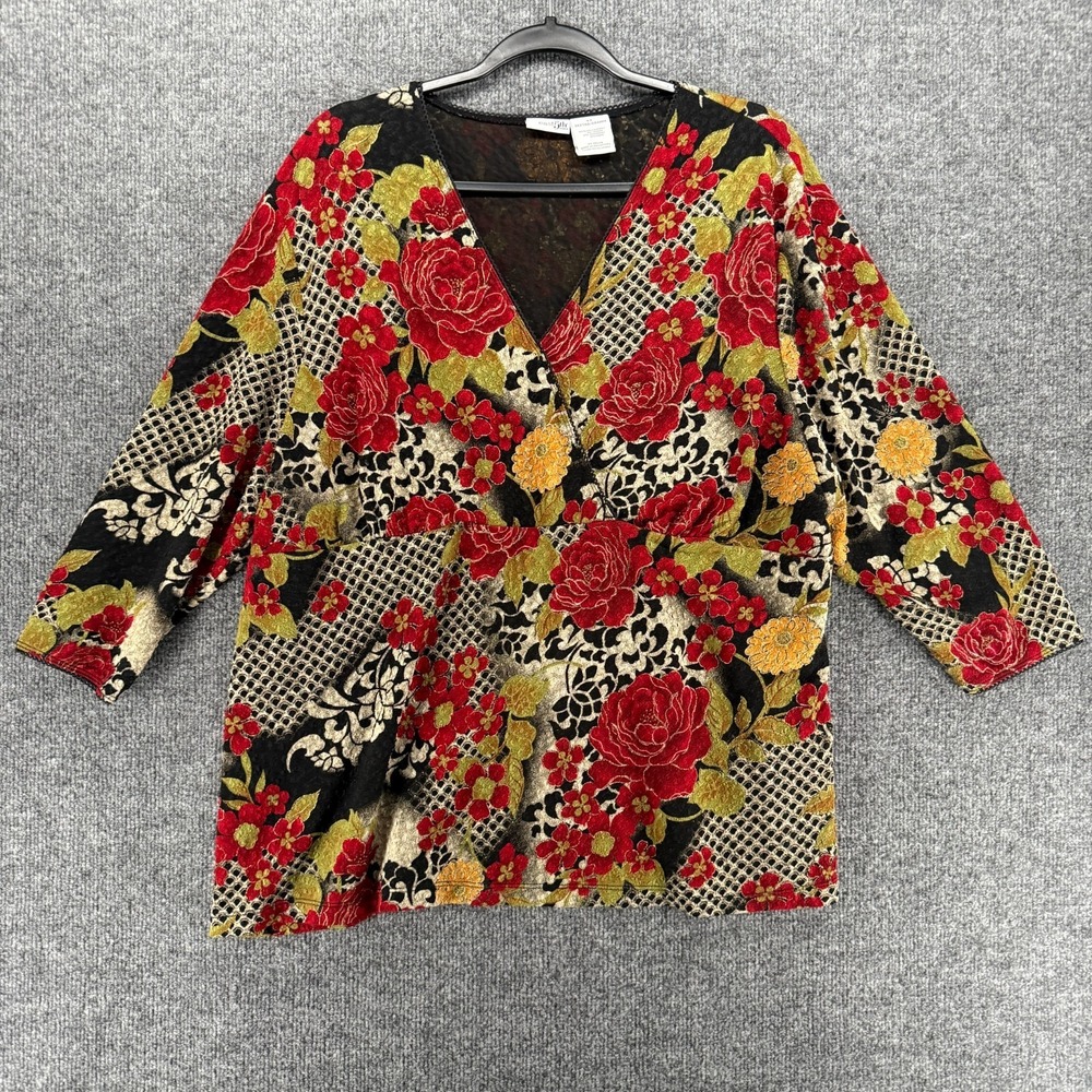 Womens Y2K Blouse Top Plus Size 3X Black Red Floral‎ Babydoll Cottagecore Boho